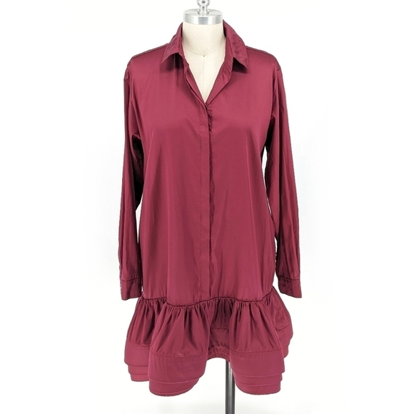 Catherine Regehr Satin Ruffle Hem Shirtdress Red M preppy coastal grandma spring - Picture 1 of 8